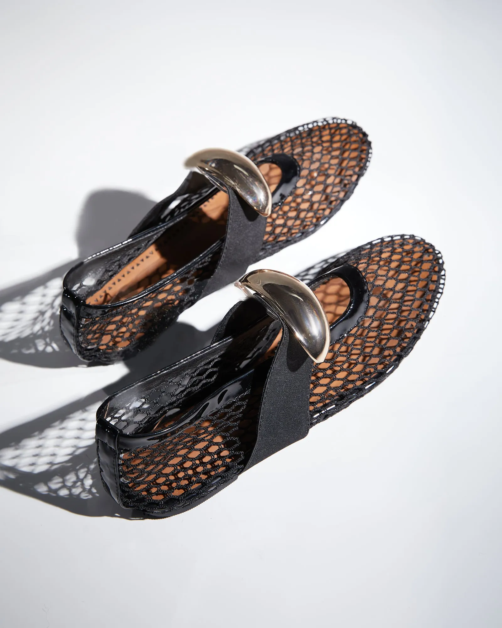 Aria Hardware Buckle Fishnet Ballet Flats
