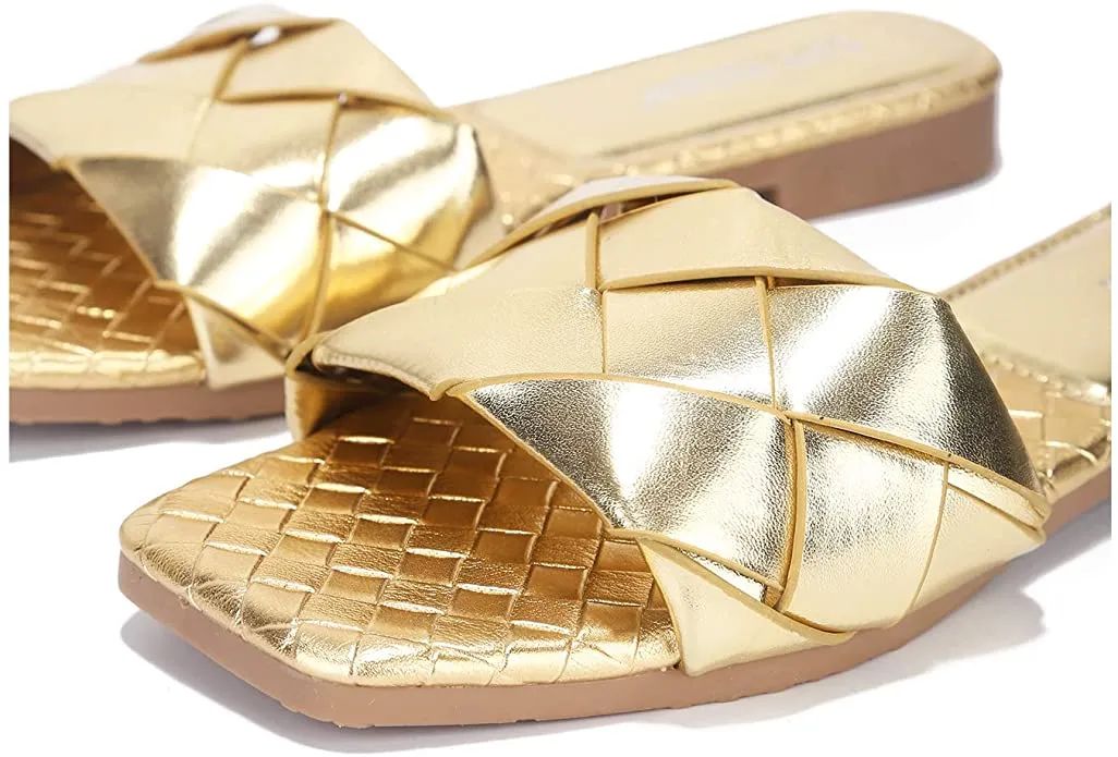 Cape Robbin Deja Woven Mules Slip On Flat Slides Sandals Gold (10, GOLD)