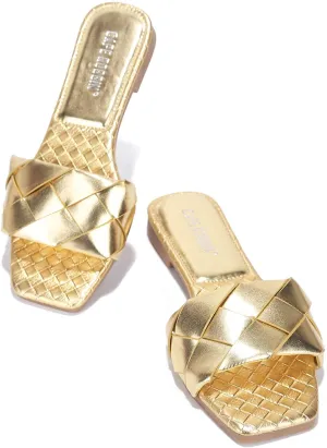 Cape Robbin Deja Woven Mules Slip On Flat Slides Sandals Gold (10, GOLD)
