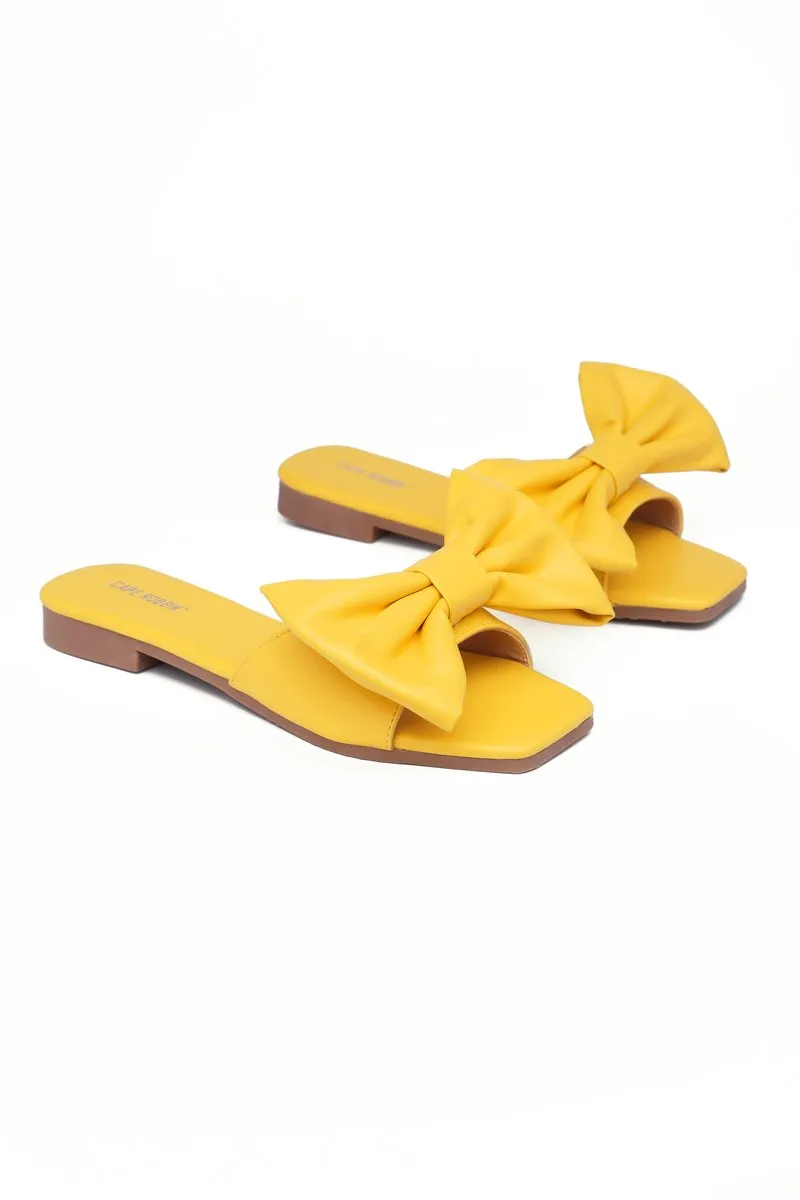 Cape Robbin Juju Square Toe Slip On Mules Bow Slides Sandals Yellow Summer Flats