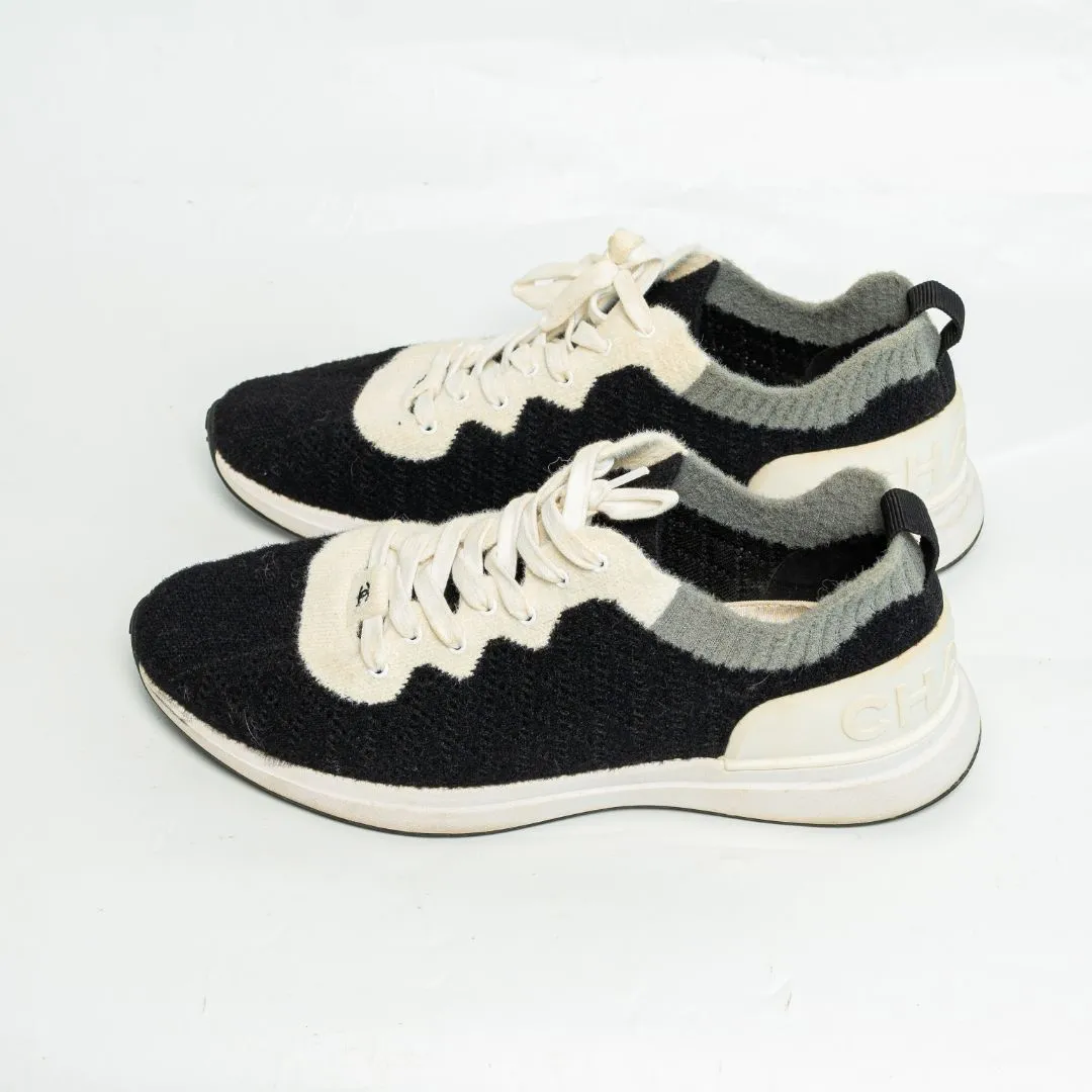Chanel Mixed Fabrics Knit Sneakers, Black,grey white, size 45