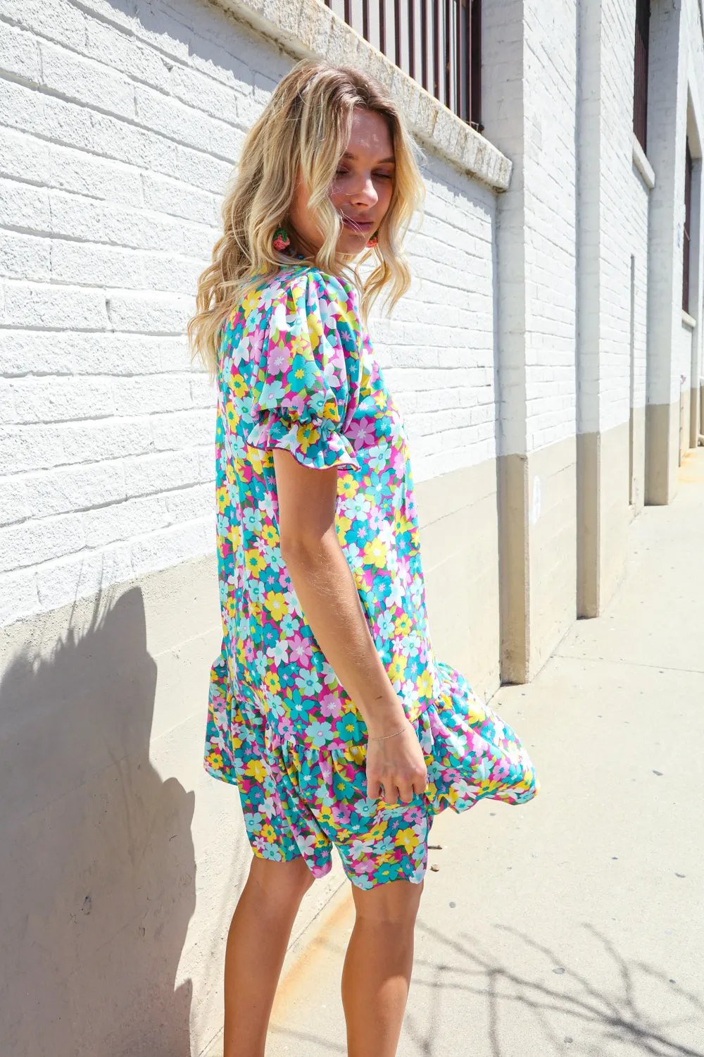 Classy Chic In Blue Smocked Notch Neck Babydoll Floral Print Dress - Online Only!