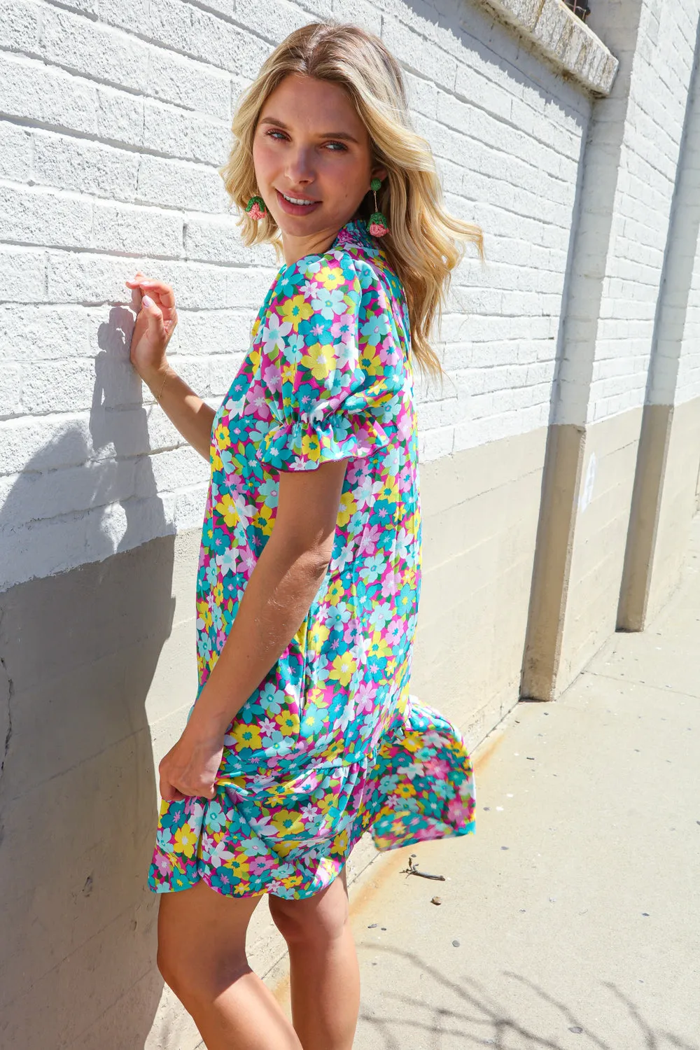 Classy Chic In Blue Smocked Notch Neck Babydoll Floral Print Dress - Online Only!