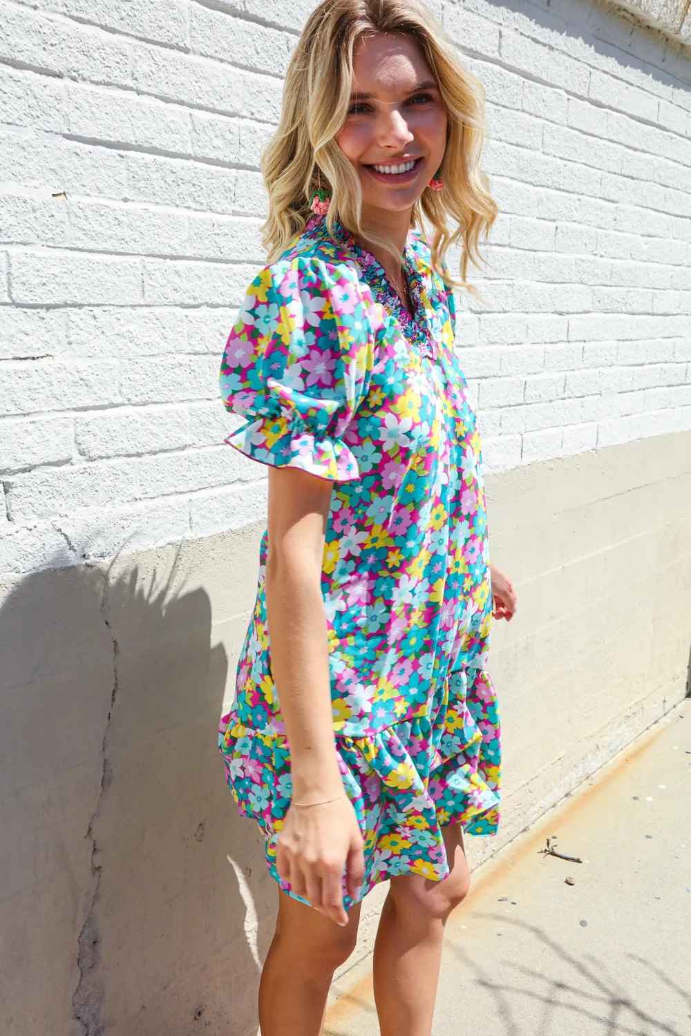 Classy Chic In Blue Smocked Notch Neck Babydoll Floral Print Dress - Online Only!