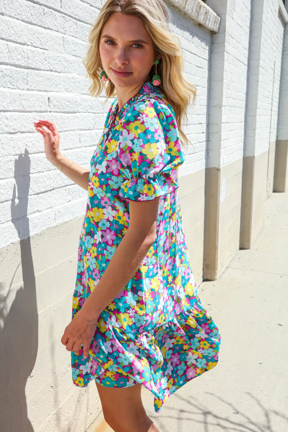 Classy Chic In Blue Smocked Notch Neck Babydoll Floral Print Dress - Online Only!