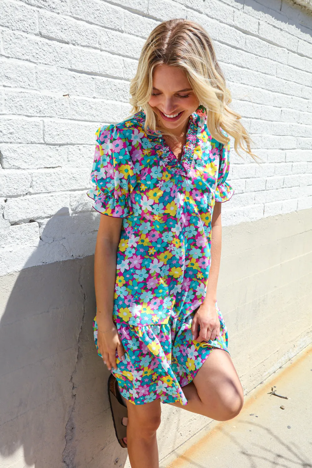 Classy Chic In Blue Smocked Notch Neck Babydoll Floral Print Dress - Online Only!