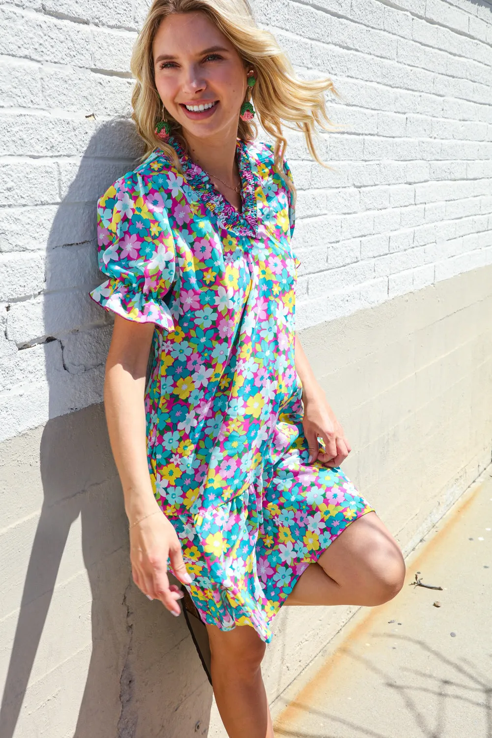 Classy Chic In Blue Smocked Notch Neck Babydoll Floral Print Dress - Online Only!