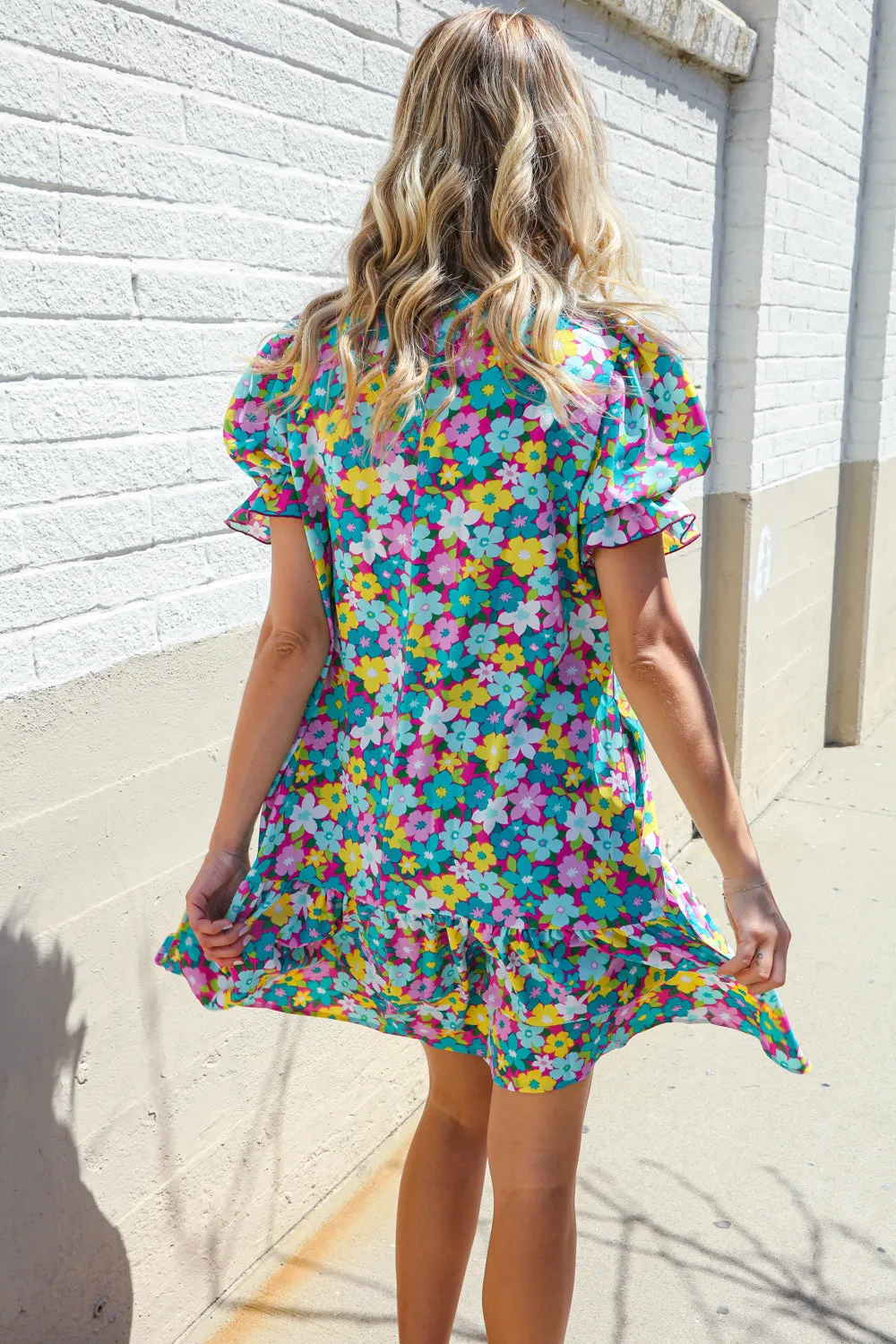 Classy Chic In Blue Smocked Notch Neck Babydoll Floral Print Dress - Online Only!
