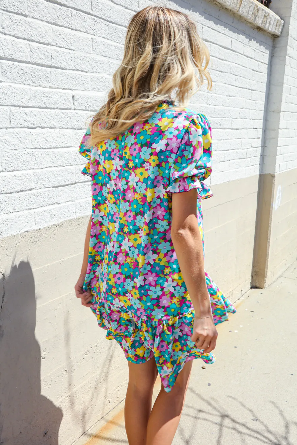 Classy Chic In Blue Smocked Notch Neck Babydoll Floral Print Dress - Online Only!