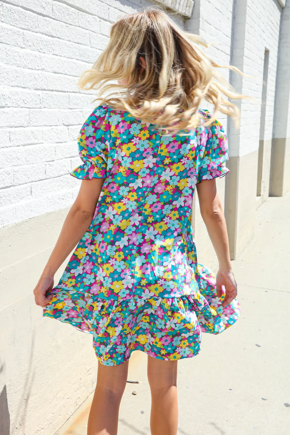 Classy Chic In Blue Smocked Notch Neck Babydoll Floral Print Dress - Online Only!