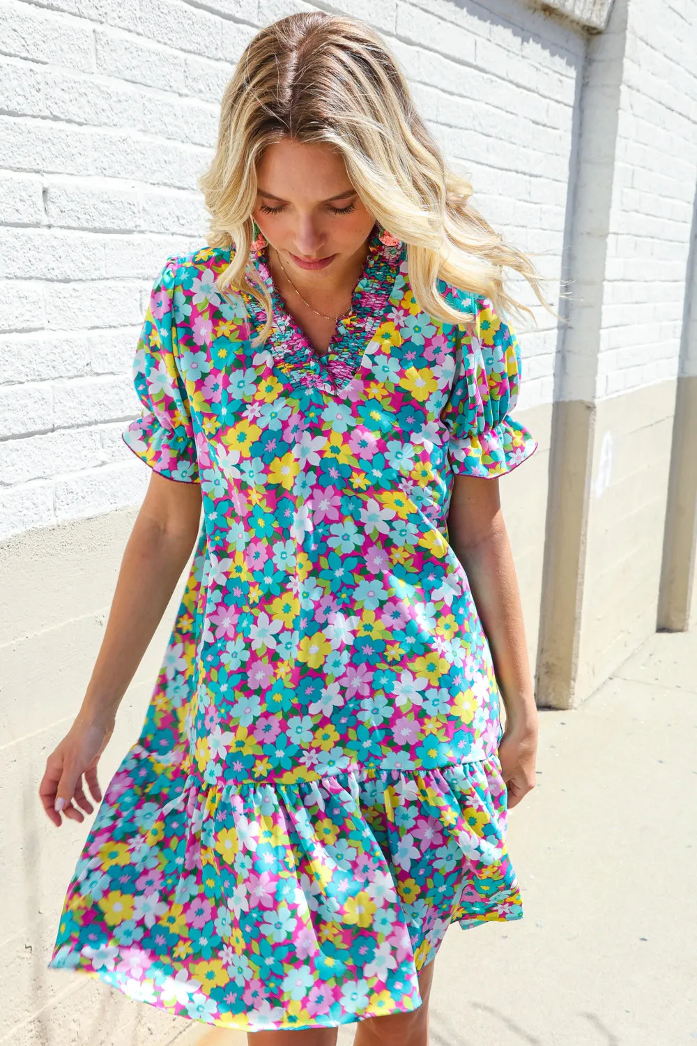 Classy Chic In Blue Smocked Notch Neck Babydoll Floral Print Dress - Online Only!