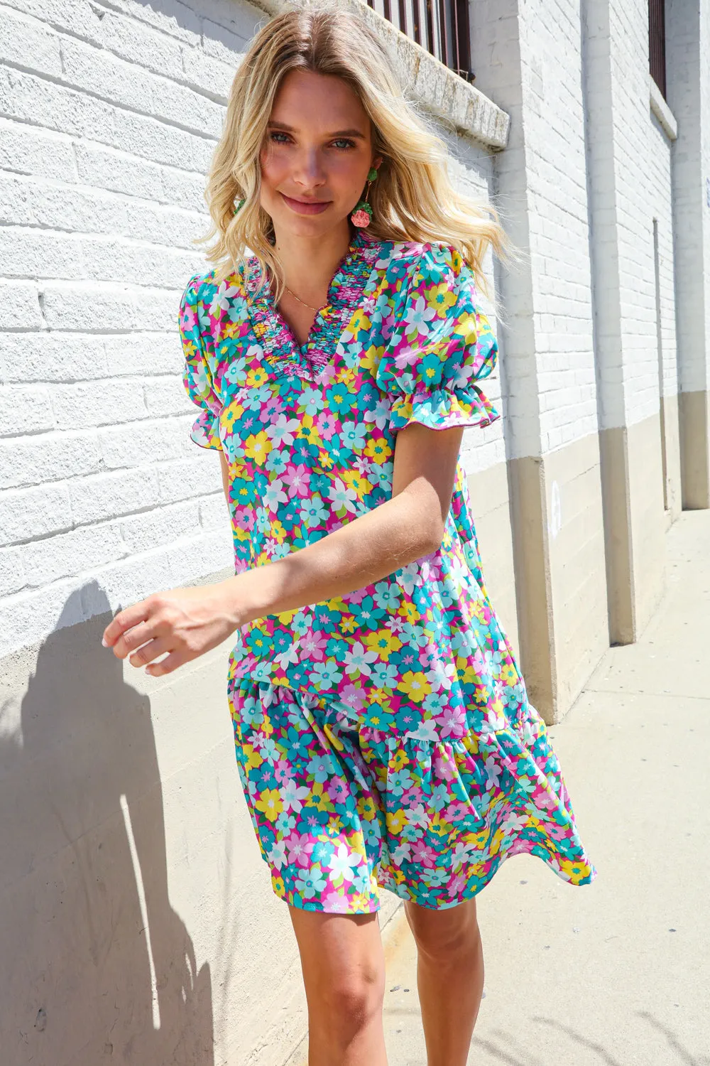 Classy Chic In Blue Smocked Notch Neck Babydoll Floral Print Dress - Online Only!