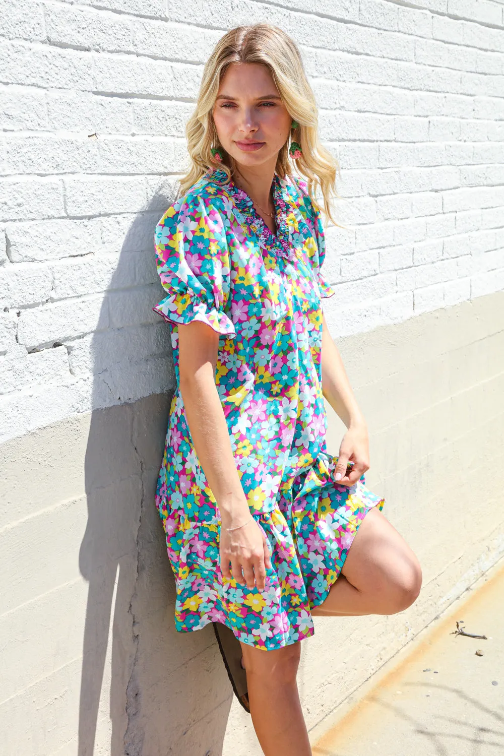 Classy Chic In Blue Smocked Notch Neck Babydoll Floral Print Dress - Online Only!