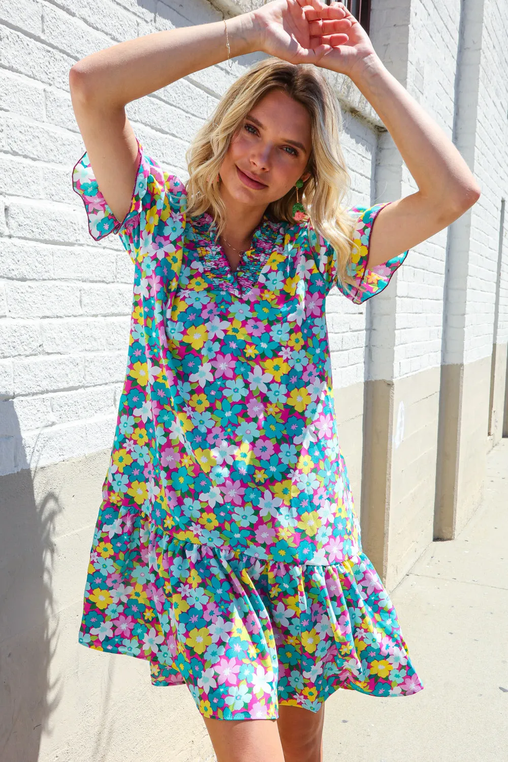 Classy Chic In Blue Smocked Notch Neck Babydoll Floral Print Dress - Online Only!