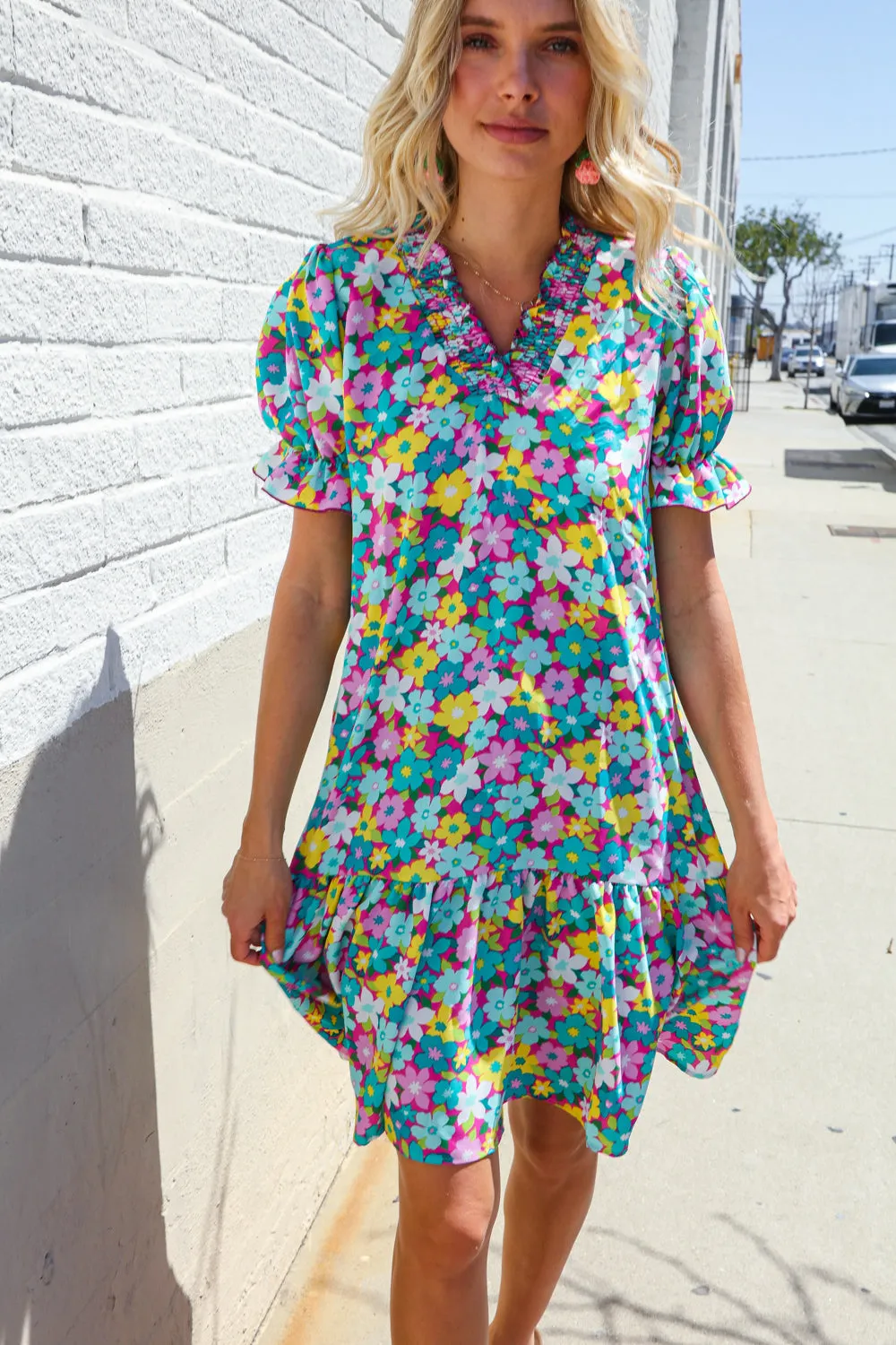 Classy Chic In Blue Smocked Notch Neck Babydoll Floral Print Dress - Online Only!