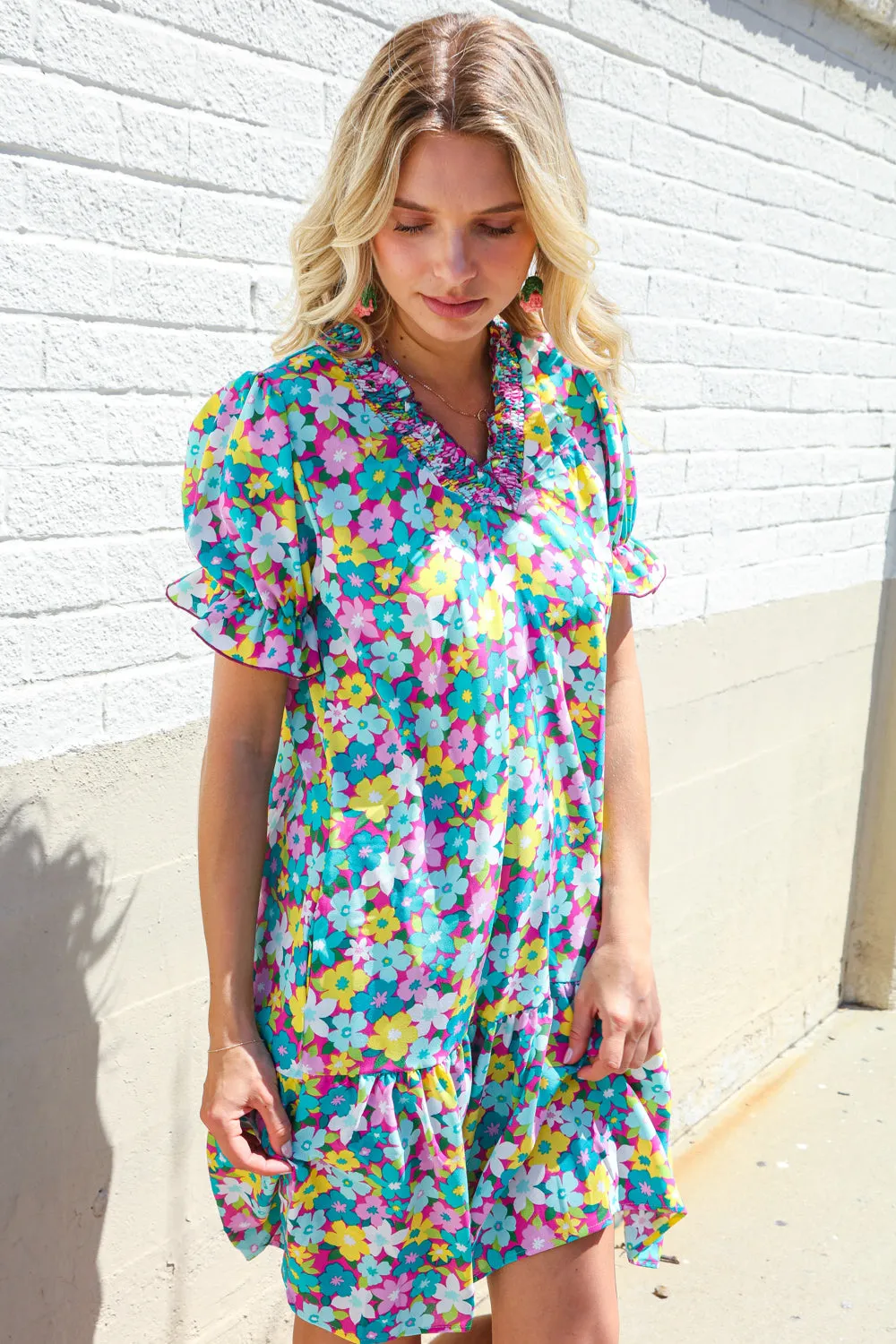 Classy Chic In Blue Smocked Notch Neck Babydoll Floral Print Dress - Online Only!