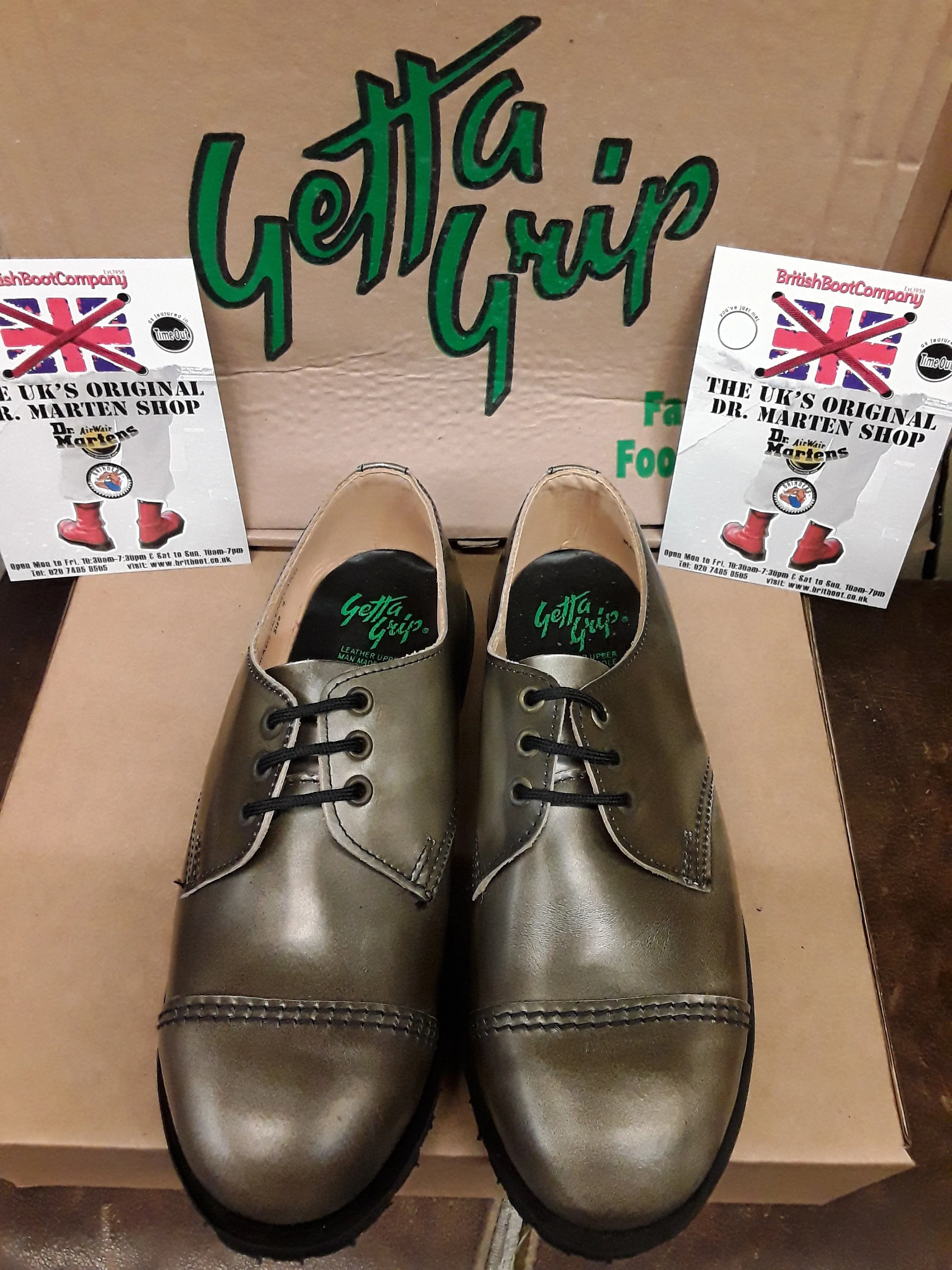 Dr Martens Getta Grip, Silver Metallic steel toe shoe size 4. Made in England