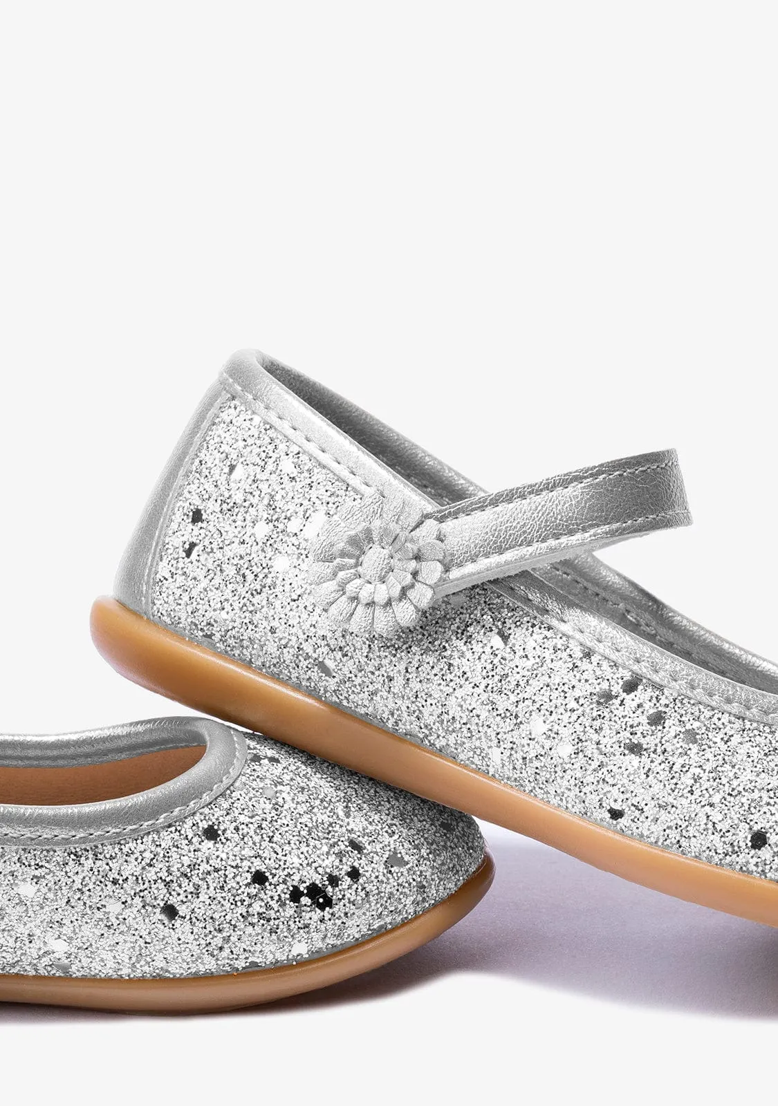 Girl's Silver Adherent Strip Glitter Ballerinas