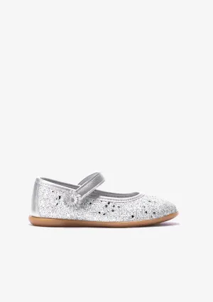 Girl's Silver Adherent Strip Glitter Ballerinas