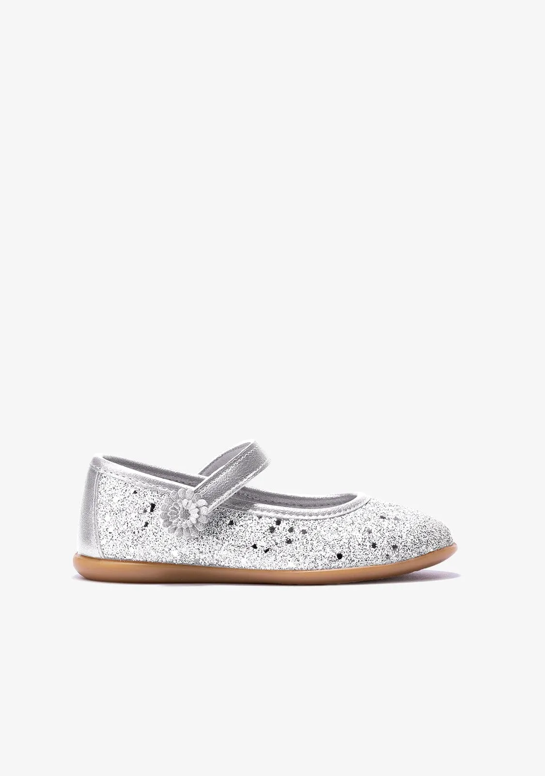 Girl's Silver Adherent Strip Glitter Ballerinas