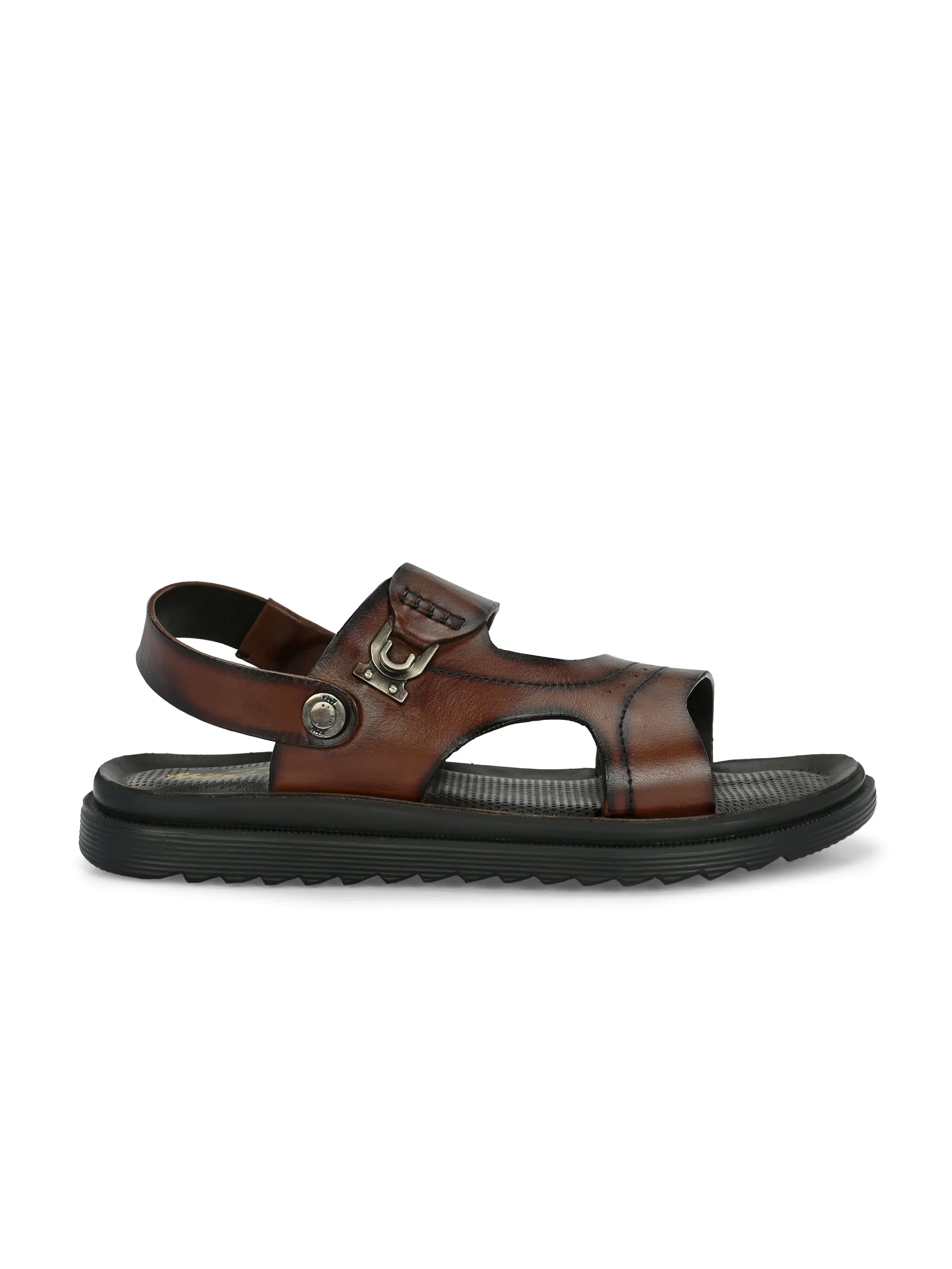 Hitz Men's Brown Leather Open Toe Slip-On Sandals