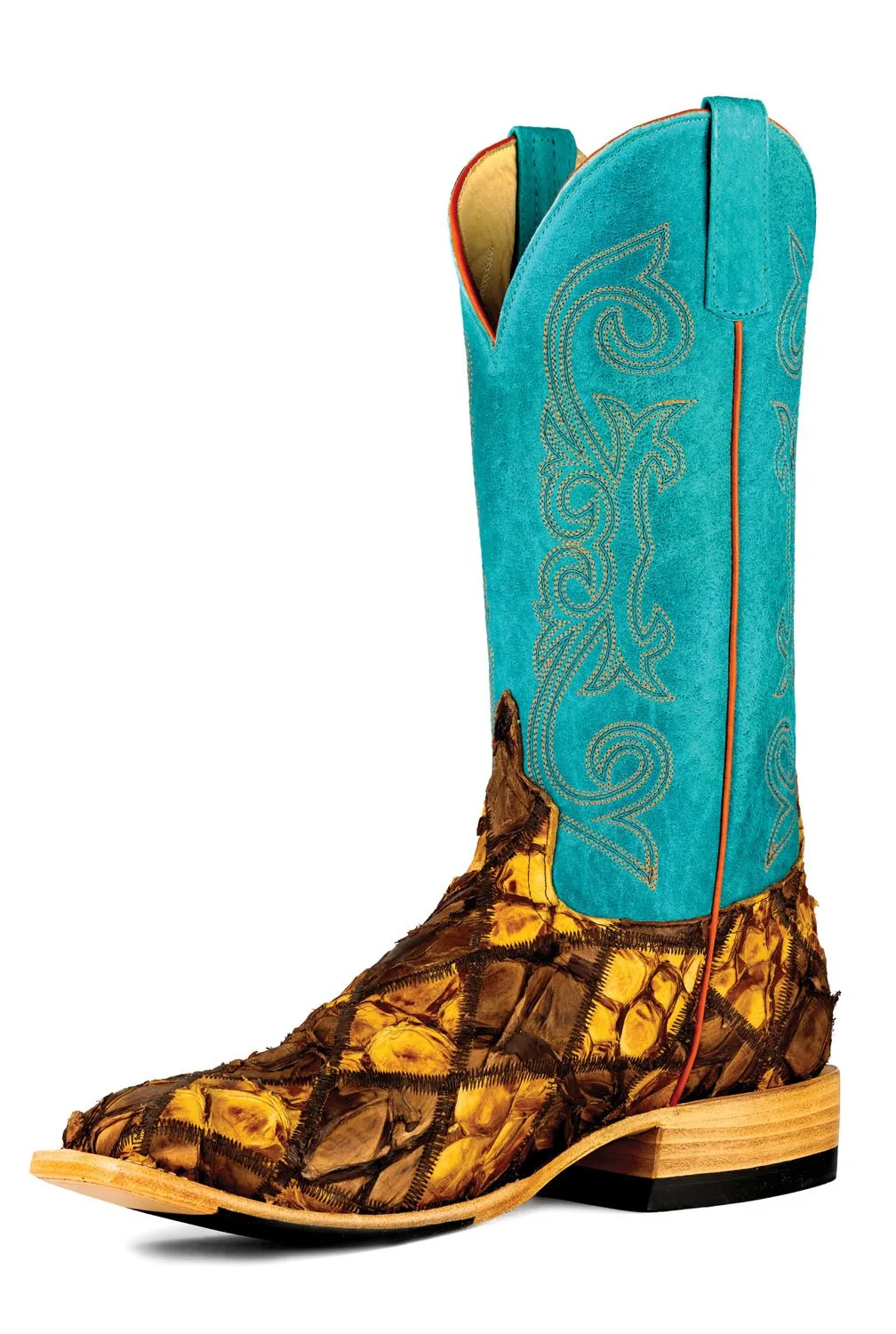 Horse Power Mens Patchwork Bass Cigar/Turquoise Pirarucu Cowboy Boots