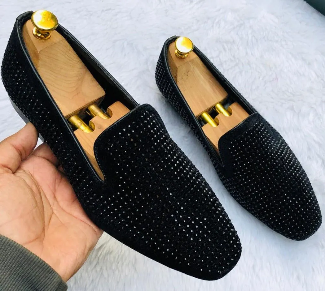 Jack Marc Stone Studded Black Moccasins