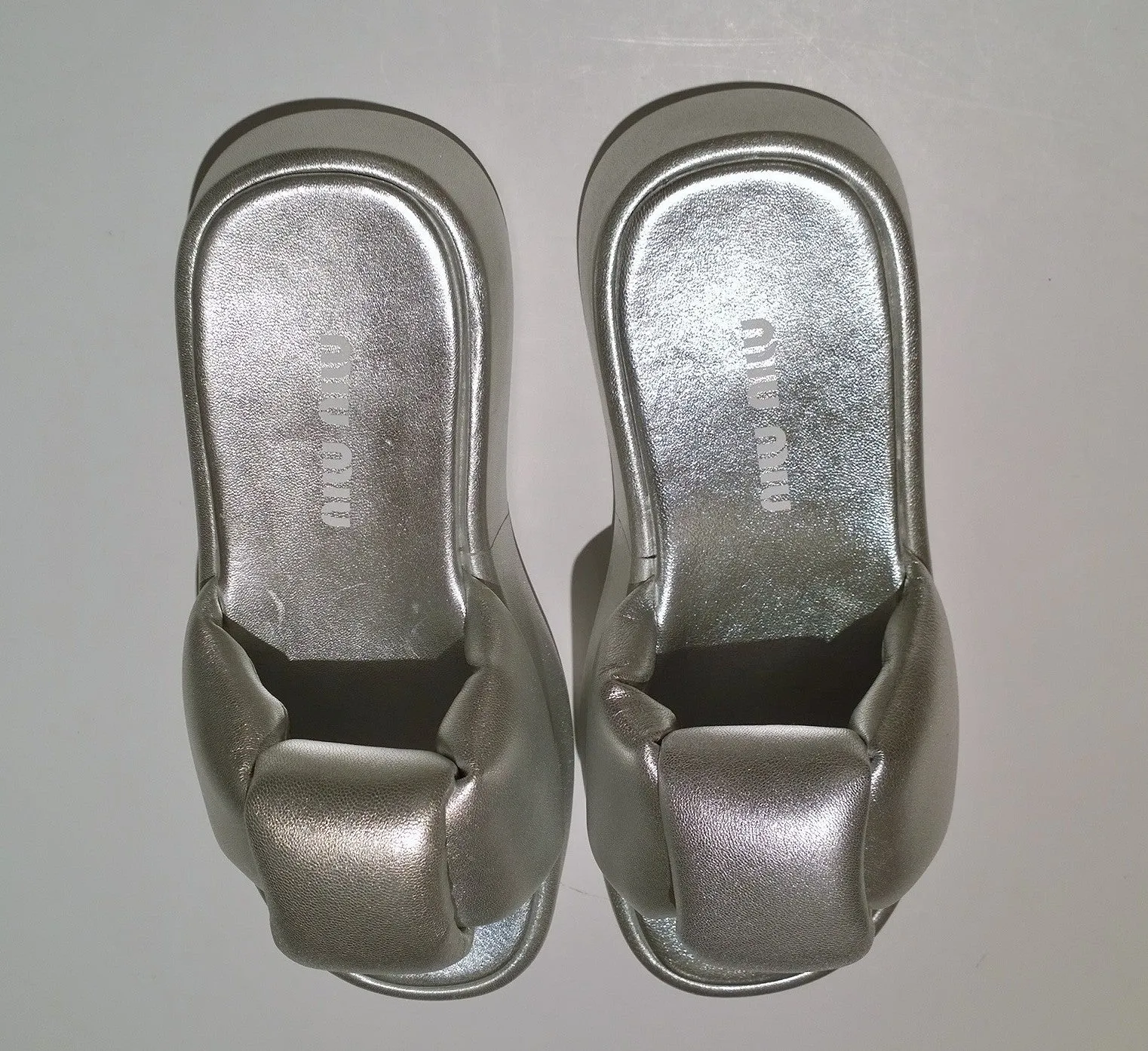 Miu Miu Puffy Sandals Platform Slides in Silver Leather