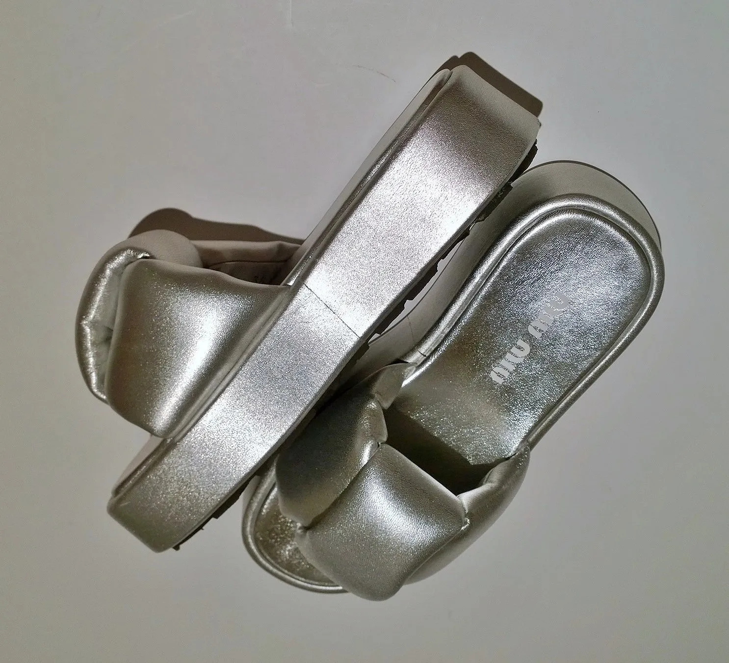 Miu Miu Puffy Sandals Platform Slides in Silver Leather