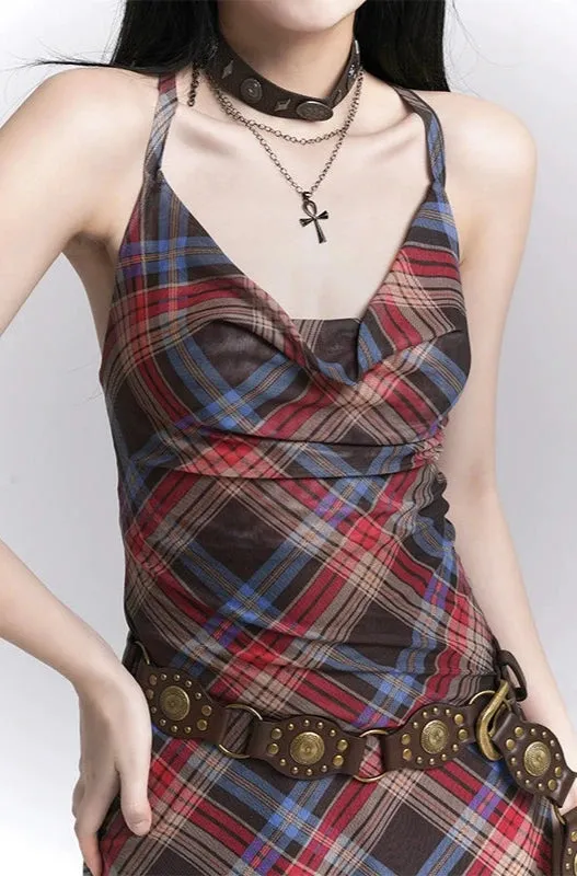Plaid Cowl Neck Sleeveless Ruched Mini Dress