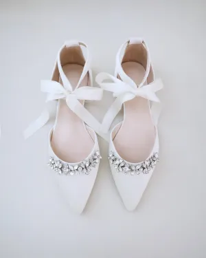 Satin Pointy Toe flats with Floral Rhinestones Embellishment and Satin Tie