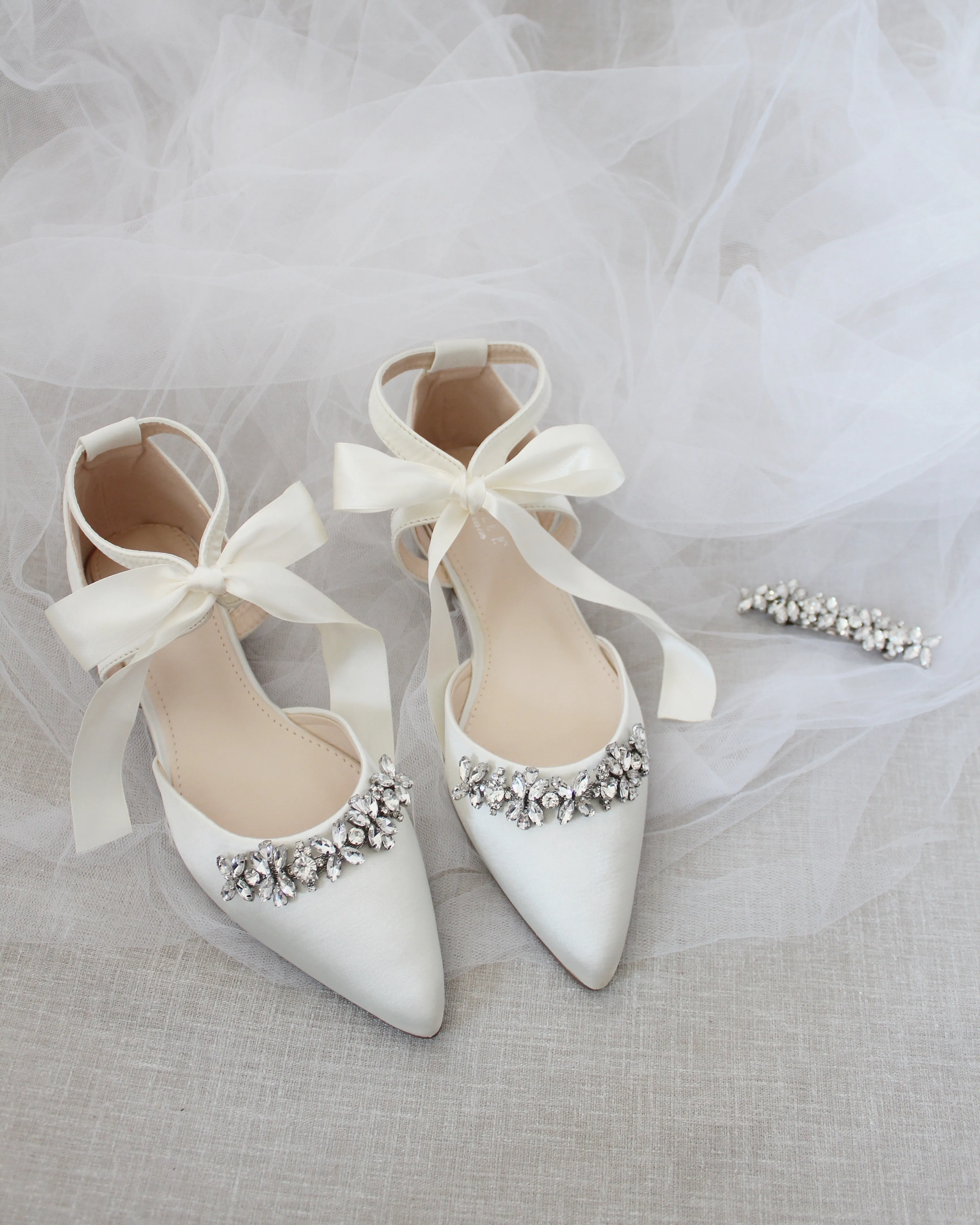 Satin Pointy Toe flats with Floral Rhinestones Embellishment and Satin Tie