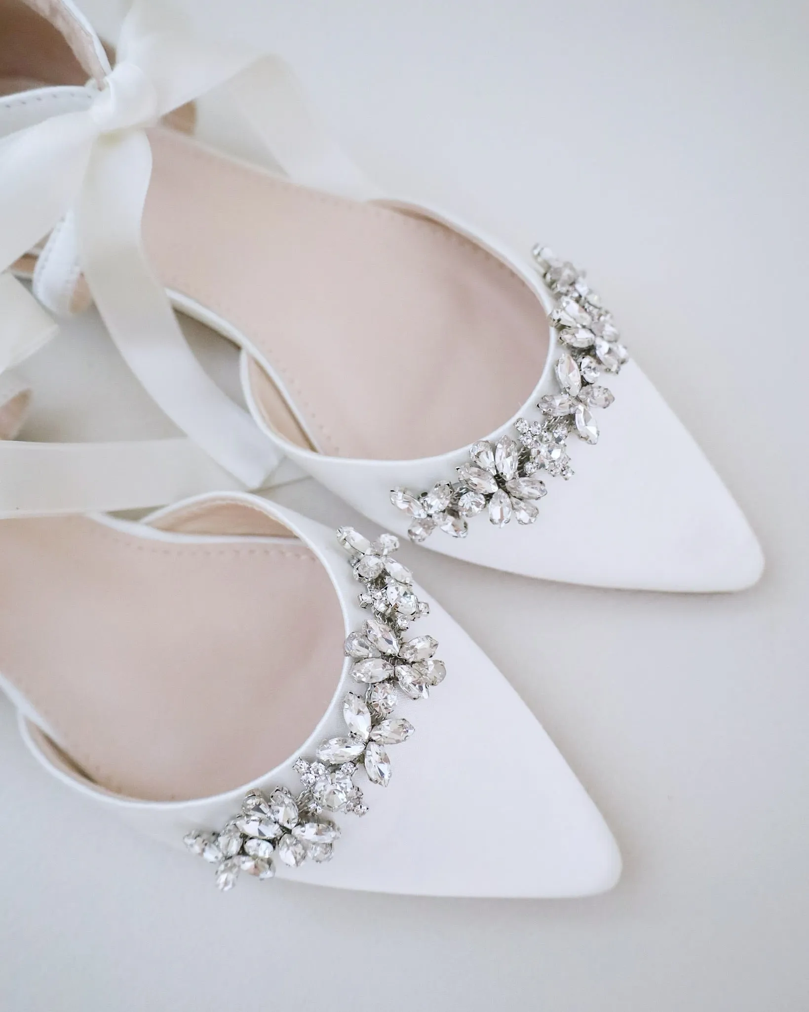 Satin Pointy Toe flats with Floral Rhinestones Embellishment and Satin Tie