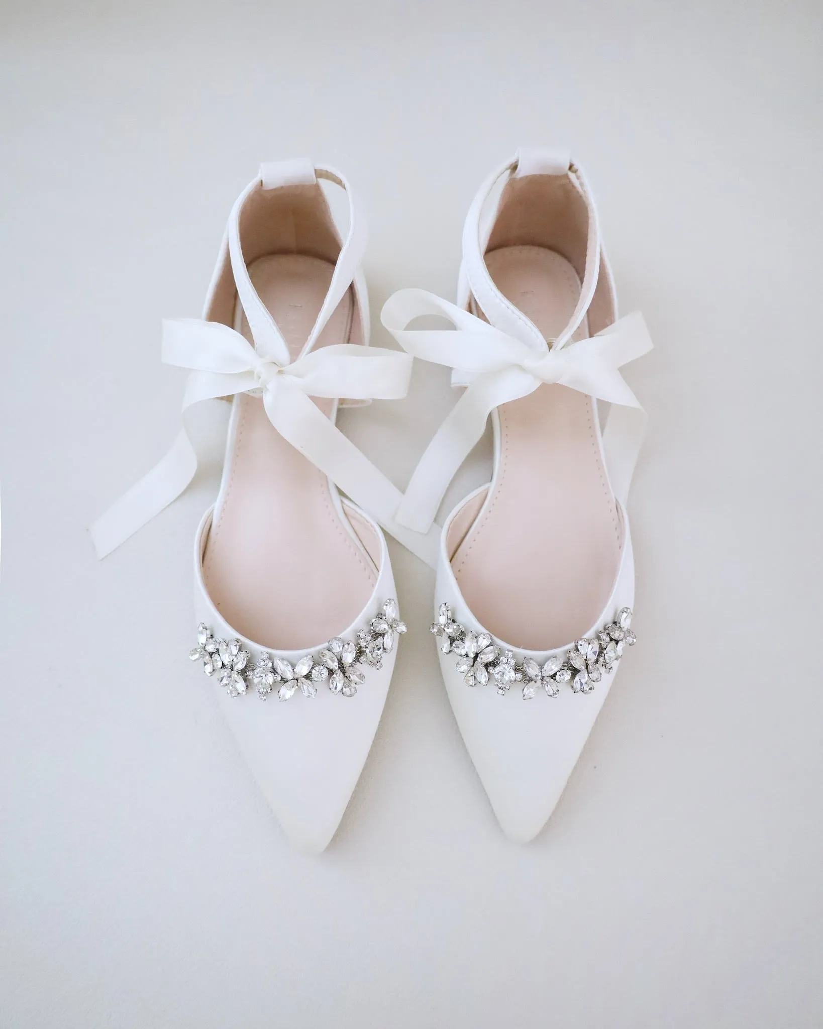 Satin Pointy Toe flats with Floral Rhinestones Embellishment and Satin Tie