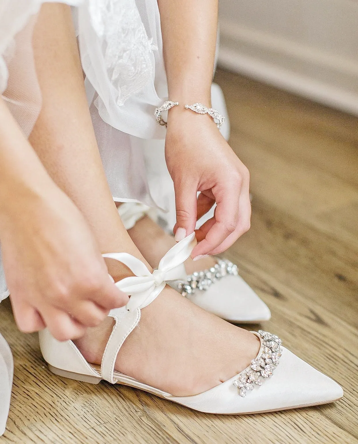 Satin Pointy Toe flats with Floral Rhinestones Embellishment and Satin Tie