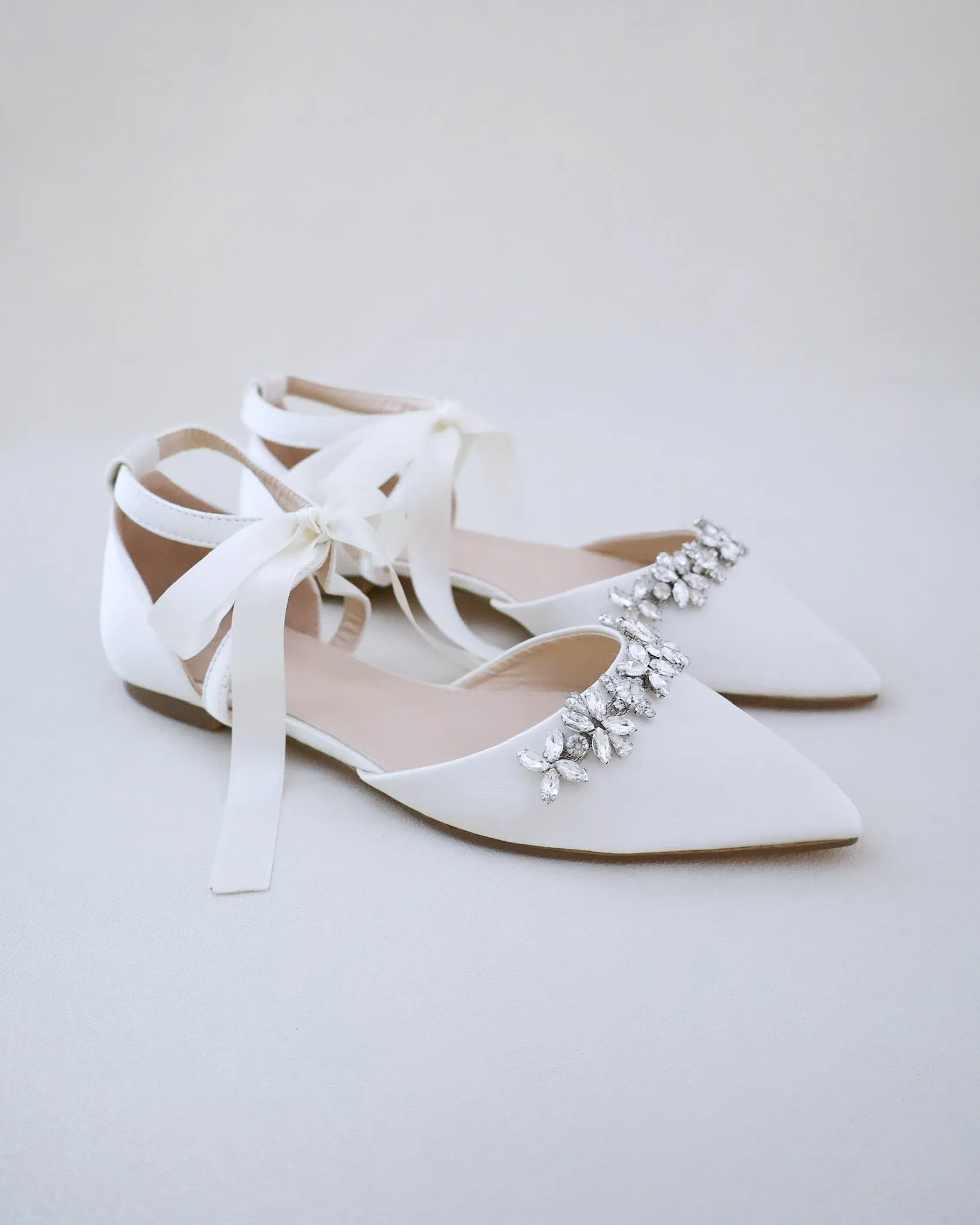Satin Pointy Toe flats with Floral Rhinestones Embellishment and Satin Tie