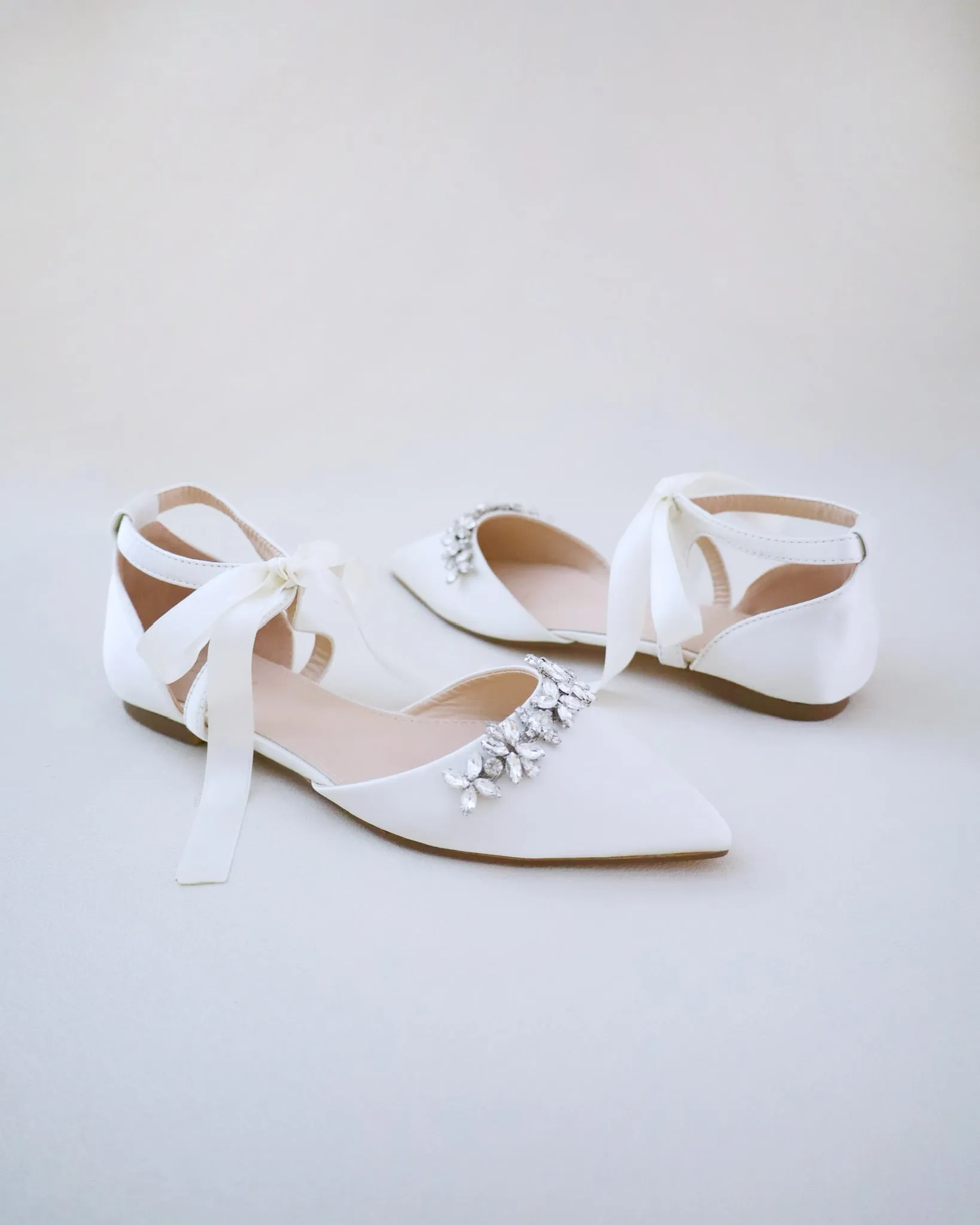 Satin Pointy Toe flats with Floral Rhinestones Embellishment and Satin Tie