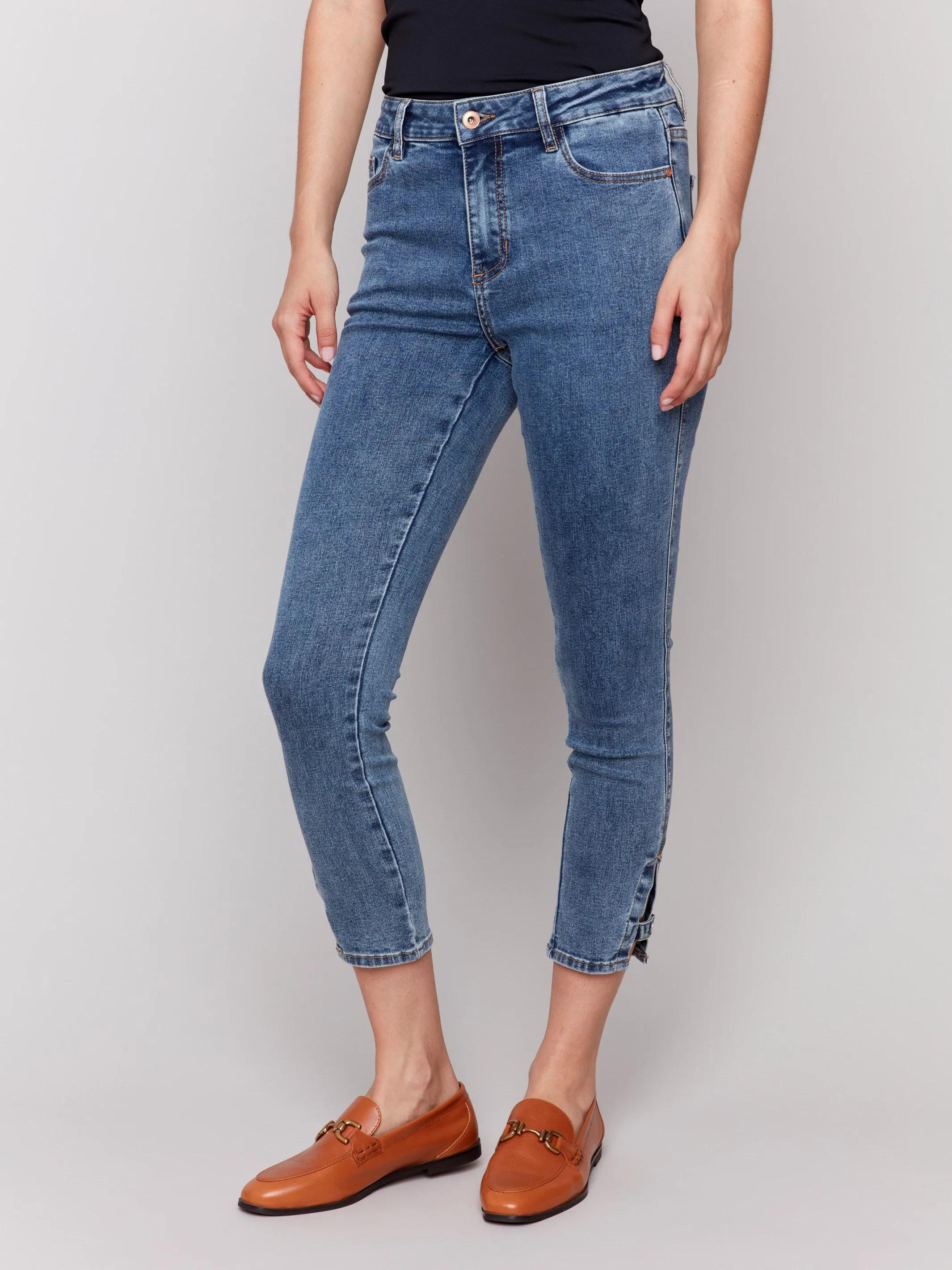 Slim Cropped Jeans with Side Mini Tabs - Medium Blue
