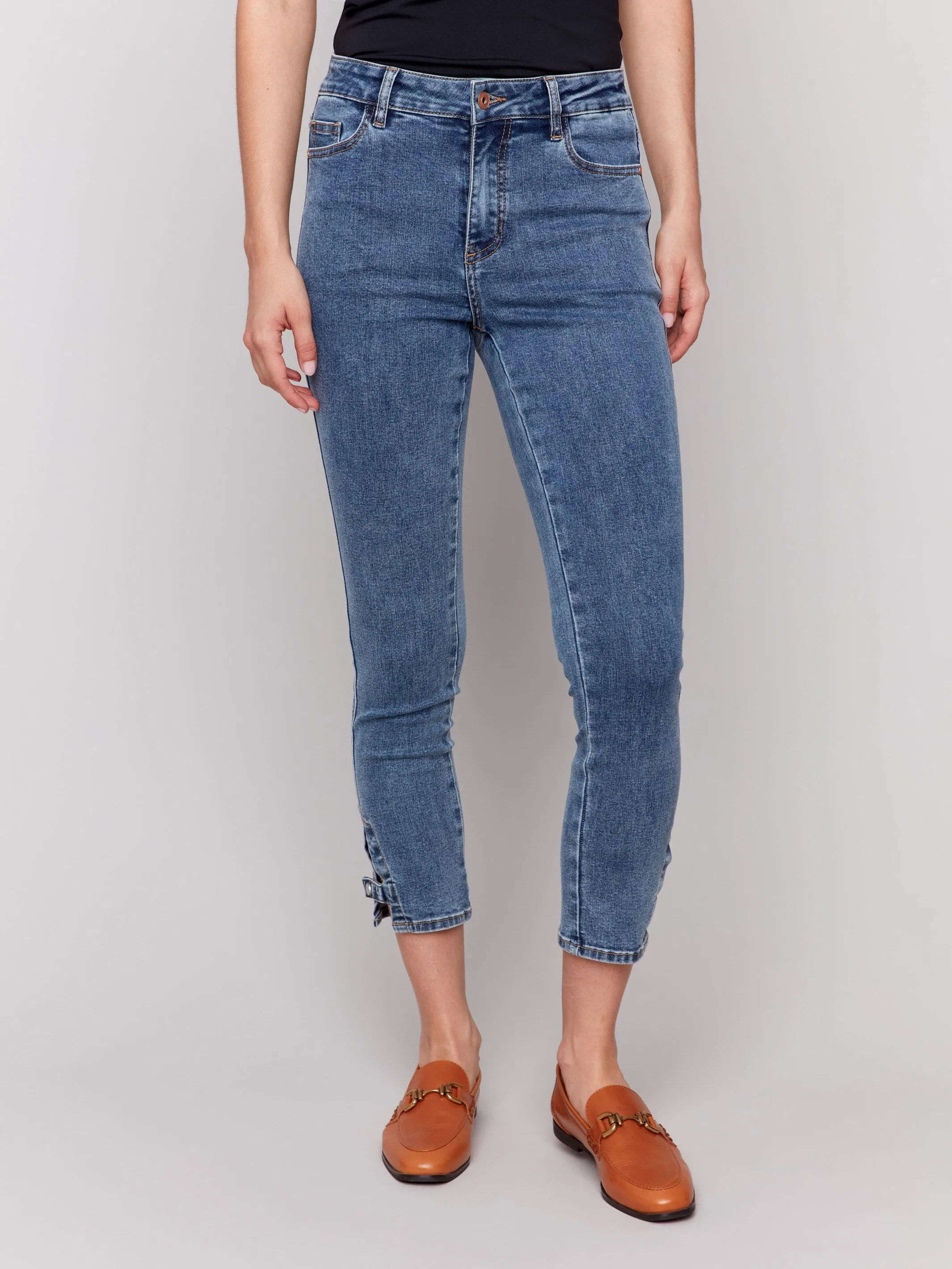 Slim Cropped Jeans with Side Mini Tabs - Medium Blue