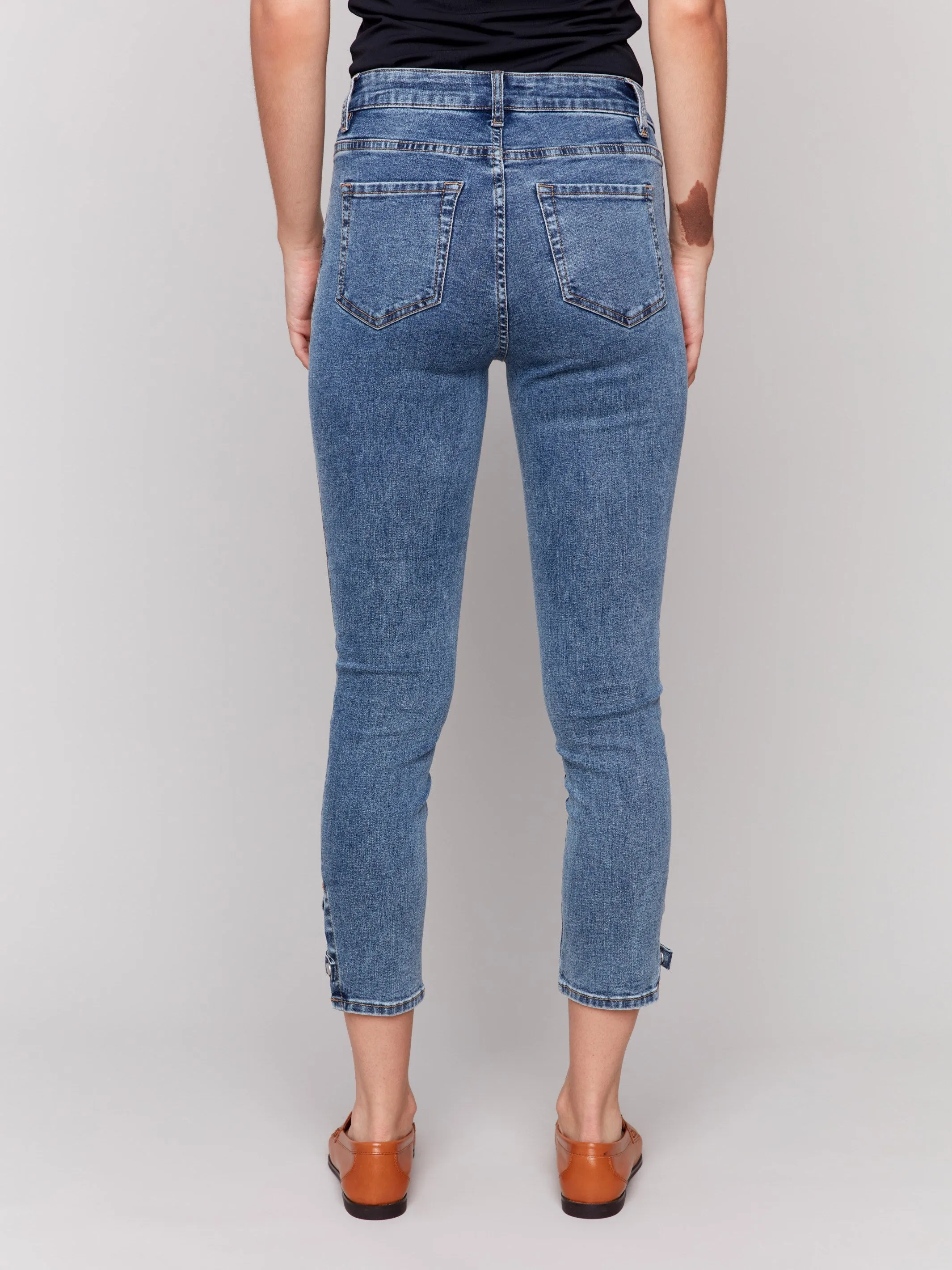Slim Cropped Jeans with Side Mini Tabs - Medium Blue
