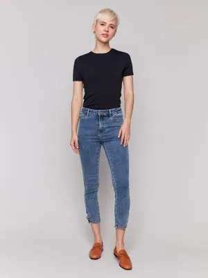 Slim Cropped Jeans with Side Mini Tabs - Medium Blue