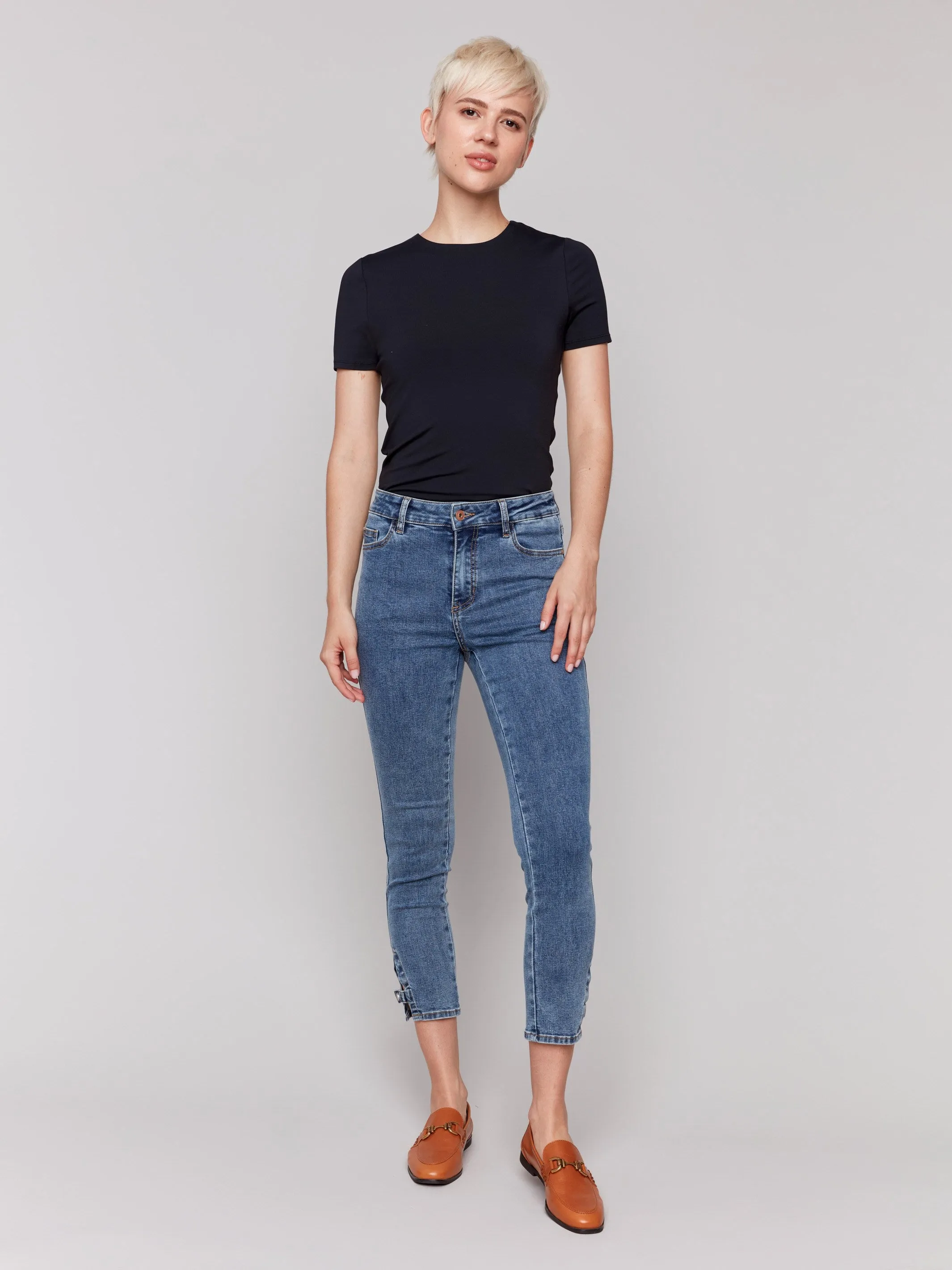 Slim Cropped Jeans with Side Mini Tabs - Medium Blue