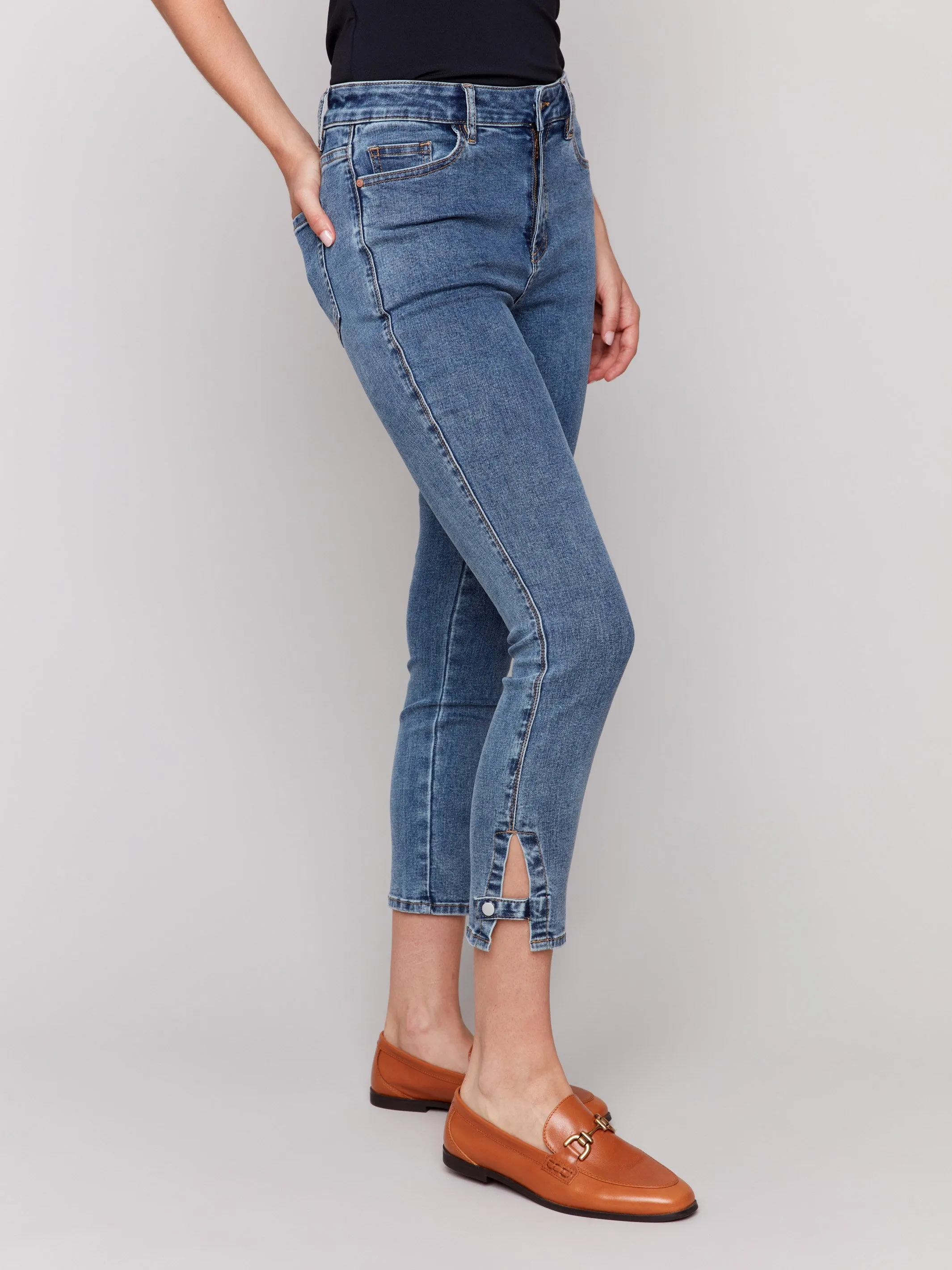 Slim Cropped Jeans with Side Mini Tabs - Medium Blue