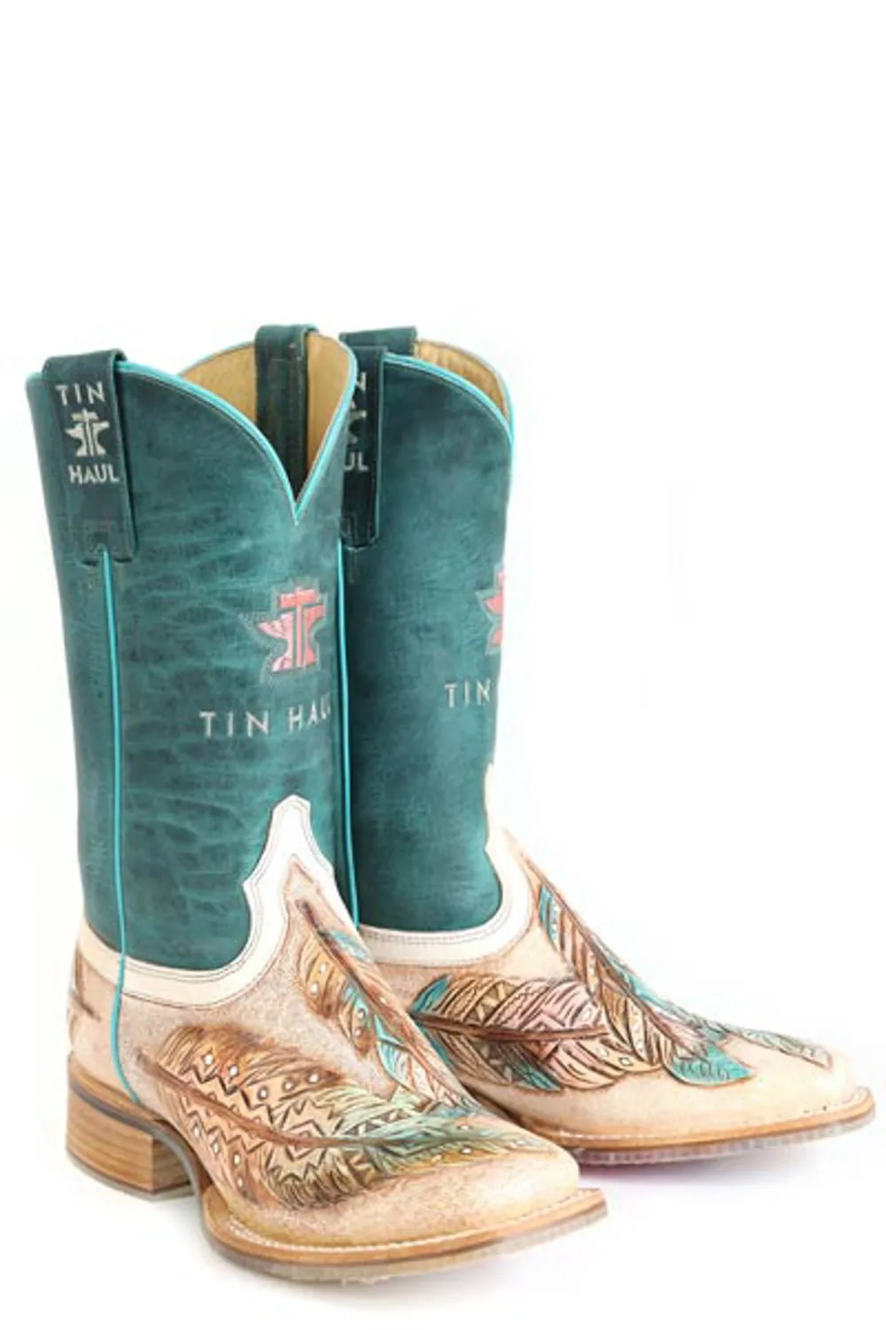 Tin Haul Womens Birds Of A Feather Turquoise/Tan Leather Cowboy Boots