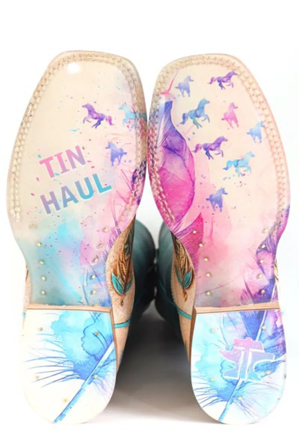 Tin Haul Womens Birds Of A Feather Turquoise/Tan Leather Cowboy Boots